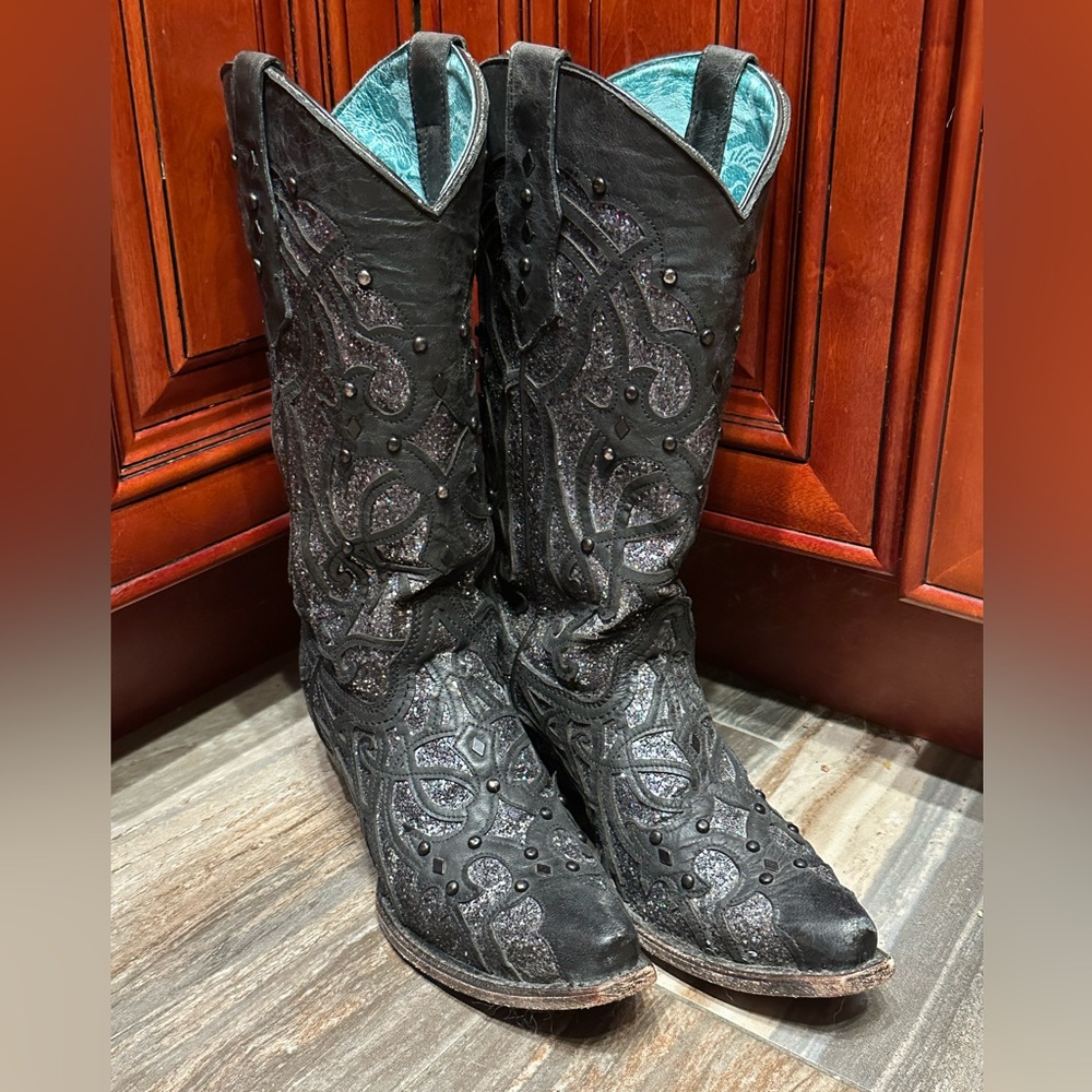 Corral Oryx Black Glitter Studded Cowboy Boots C3423 Size 7.5 Cowgirl Rodeo - Picture 8 of 14